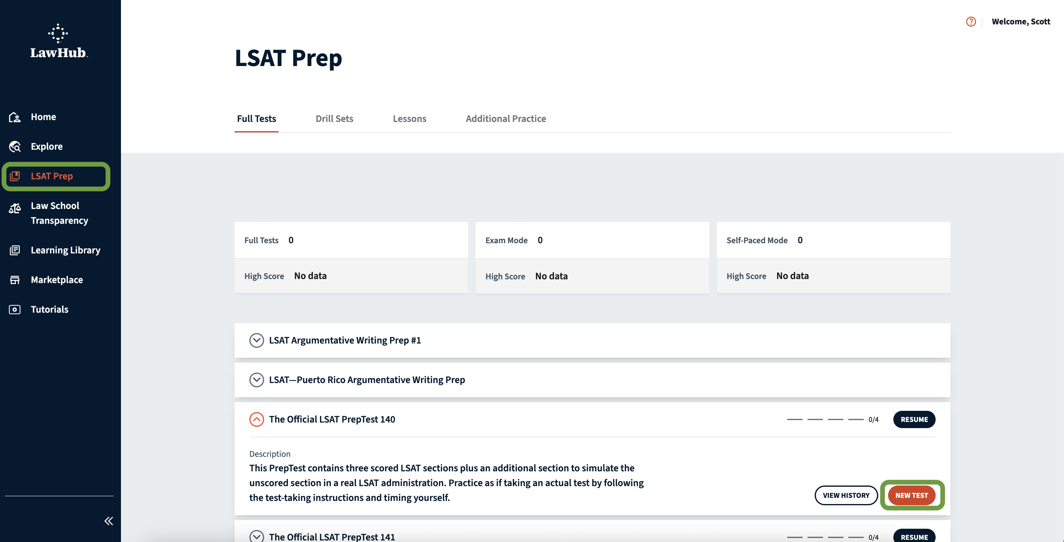 Navigate to &quot;LSAT Test Prep&quot; and click on &quot;New Test&quot;